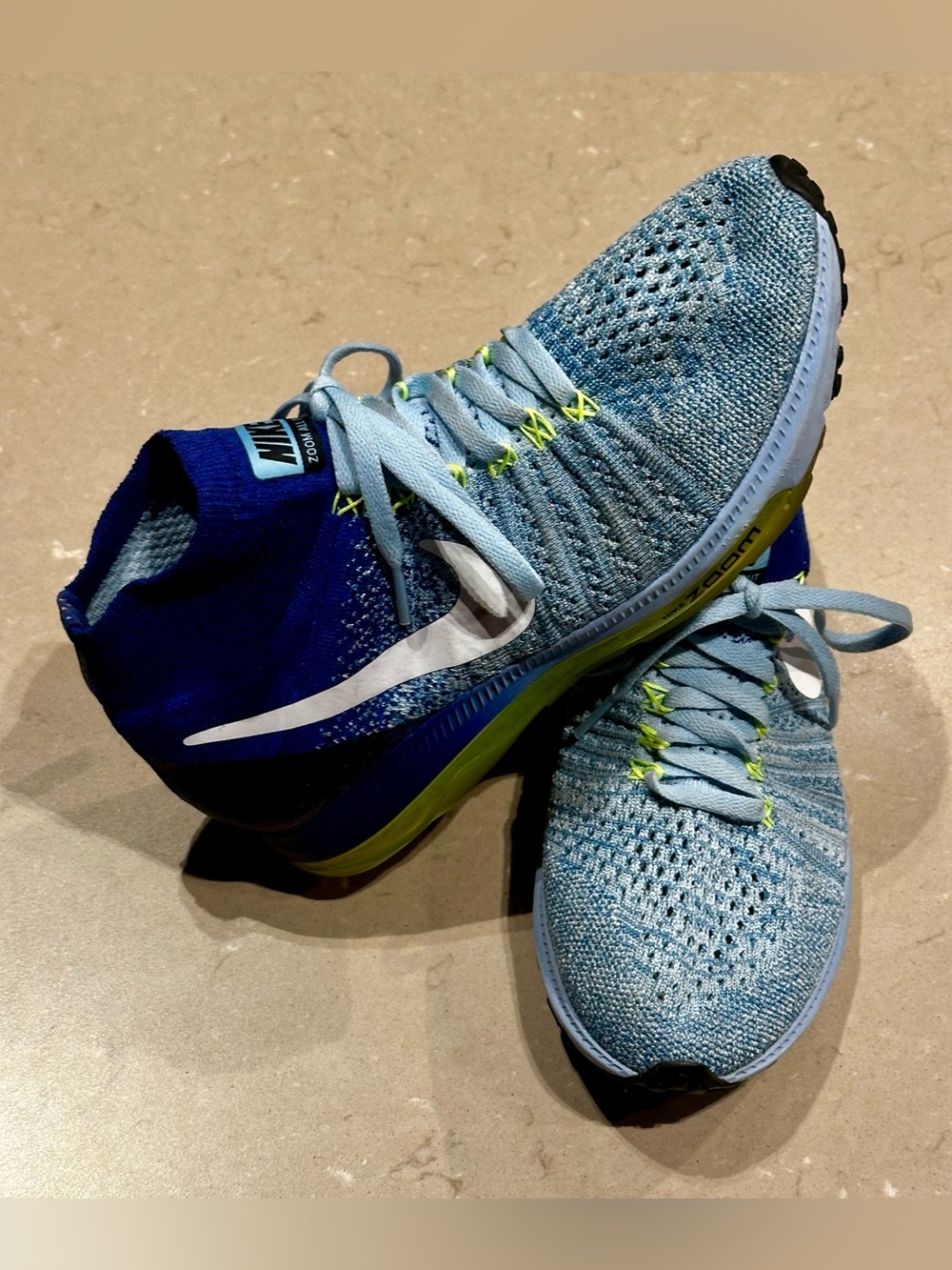 Nike Zoom All Out Flyknit Running Shoes Sneakers Blue Navy Lime Volt Womens 7.5